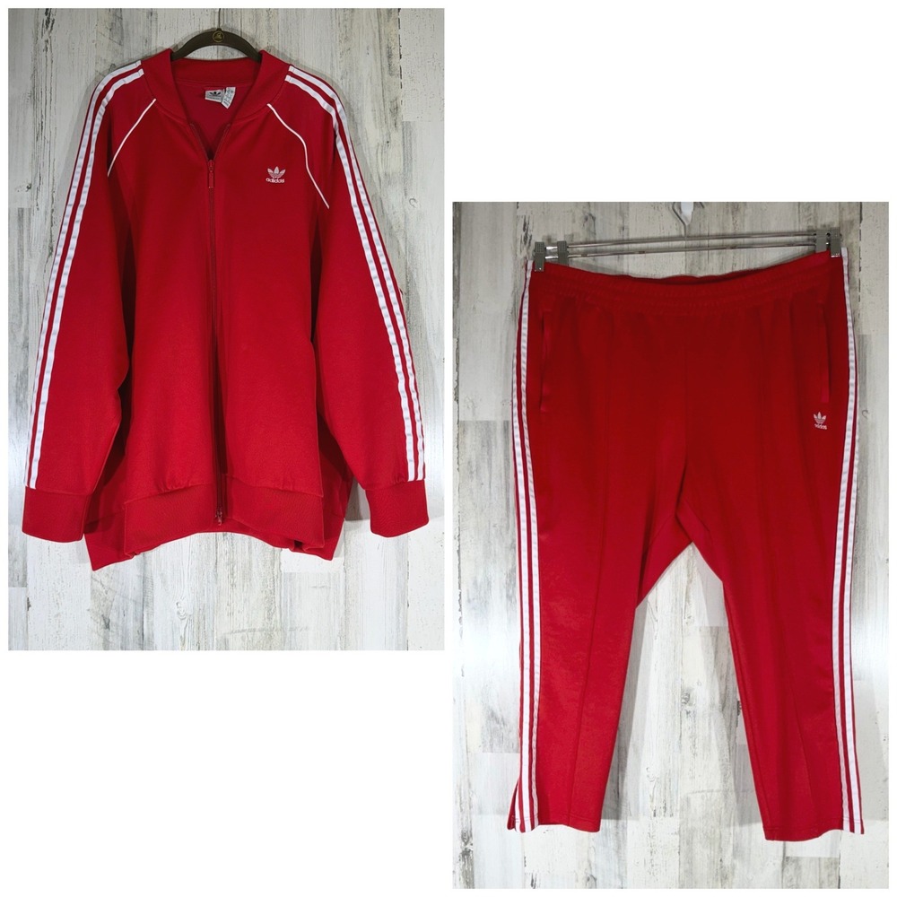 Adidas Tracksuit Set 4XL Red 3-Stripes Full Zip Jacket Tapered Pants Trefoil
